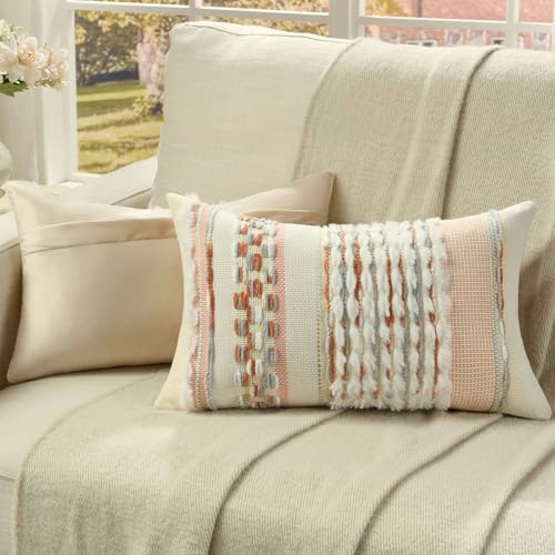 FUTEI Pack of 2 Boho Chenille Decorative Throw Pillow Covers 12x20 Inch Soft Plush Tufted Striped Textured Pillow Case,Farmhouse Accent for Couch Bed Living Room, Grey Blue Coral - color: Grey Blue+coral, size: 20" x 12" (Pack of 2)