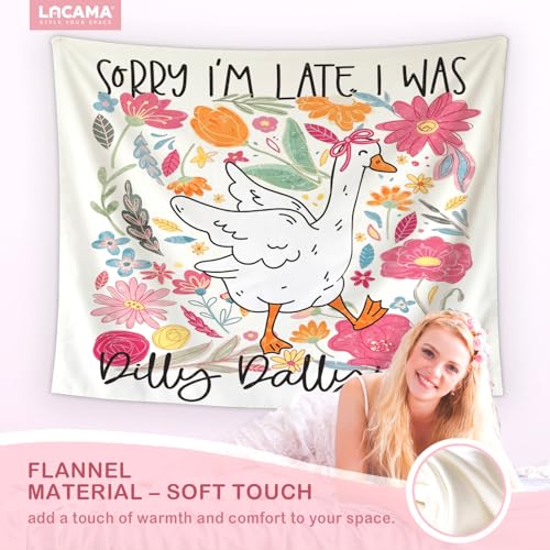 Lacama Pink Funny Tapestry, Cute Goose Tapestry for Bedroom Teen Girls Room College Dorm Apartment, Preppy College Dorm Decor, Sorry I’m late, I was Dilly Dallying Blanket for Friend 50x60 - color: Sorry I'm late, I was Dilly Dallying