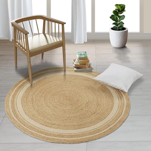 GRUHUM 6' ft Round Jute Cotton Area Rug - Natural Fiber Handmade Boho Charm Farmhouse Jute Area Rug Soft Braided Rustic Vintage Reversible Indoor Outdoor Kitchen Bedroom Living Room Hallways Enterway - color: Natural- 14, size: 6' (Round)