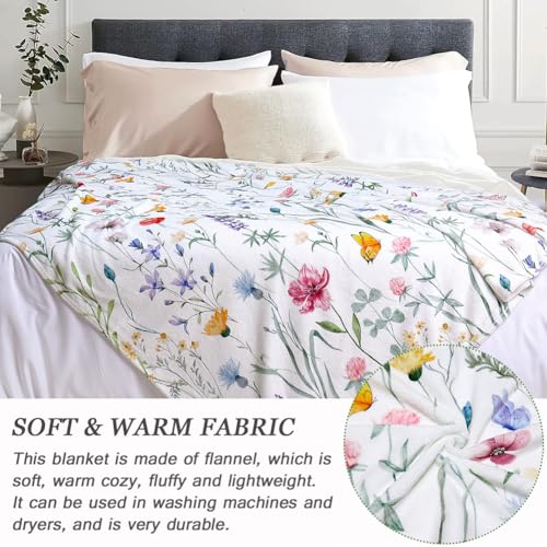 Spring Floral Throw Blanket Watercolor Wildflower Blankets Flower Butterfly Bed Blanket Botanical Plant Leaf Flannel Fleece Throw Blanket for Couch “50x60” - color: Butterfly, size: 50" X 60"