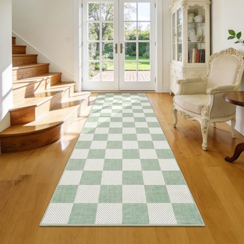 GarveeHome Checkered Sage Green 2x3 Washbale Rug Door Mat Geometric Diamond Dot Modern Soft Low-Pile Small Rug for Bedroom Entryway Bathroom Kitchen Non-Slip TPE Backing - color: Sage Green, size: 2' x 3' (Rectangular)