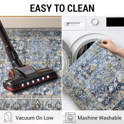 KUTA Vintage 2x3 Rugs for Entryway, Non-Slip Washable Area Rug & Indoor Door Mat with Floral Print, Blue Grey Beige Ultra Thin Soft Low-Pile Throw Rug for Kitchen Front Door, Bedside, Small Spaces - color: Blue Grey Beige, size: 2' x 3' (Rectangular)
