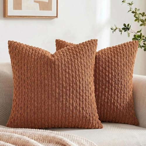 Fancy Homi 2 Packs Rust Decorative Throw Pillow Covers 18x18 Inch for Couch Bed Sofa, Modern Farmhouse Boho Home Decor, Soft Cute Plush Corduroy Cushion Case 45x45 CM - color: Rust, size: 18" x 18" (Pack of 2)