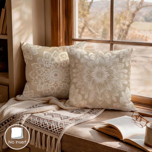OBSEDE Beige White Mandala Decorative Throw Pillow Covers 18x18 Set of 4 Faux Linen Cushion Cases Single-Sided Print Minimalist Elegant Accent Pillows for Couch Sofa - color: Beige White Mandala