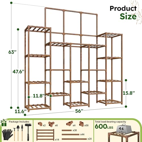 EnHomee Tall Plant Stand, 14 Tiers Indoor Plant Stand for Multiple Plants Pot, Wood Plants Shelves for Living Room, Patio, Balcony, Yard, Garden, 11.8''D×56''W×63''H