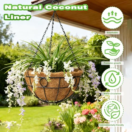 2 Pack 12 Inch Metal Outdoor Hanging Baskets Black Heavy Duty Hanging Planters with Coco Liners for Indoor Outdoor Plants Gardens Patios Terraces（Round） - color: Round