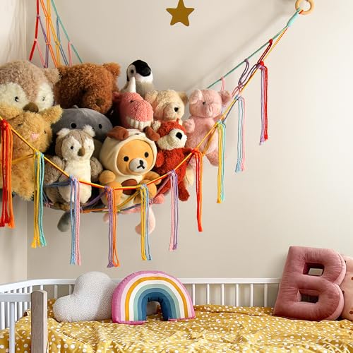 Stuffed Animal Hammock Corner Storage Net Cute Preppy Trendy Stuff Gifts for Teen Girls Baby Room Living Room House Wall Nursery Decor Rainbow Color Colorful Unicorn Hanging Organizers Organization - color: Rainbow, size: Standard(41.5"L x 55.2"W x 41.5"H