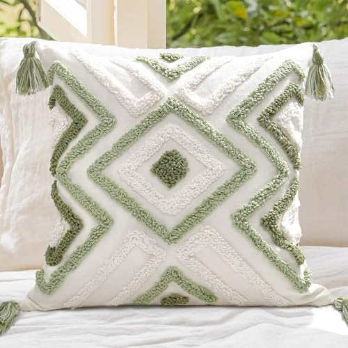 Boho Pillow Covers 18X18 Inch Boho Tufted Throw Pillow Covers Decorative Tassels Cushion Cover Farmhouse Pillow Case for Couch Sofa Bed Living Room Bedroom, Green - color: Boho Multi-green, size: 18" x 18" (Pack of 1)