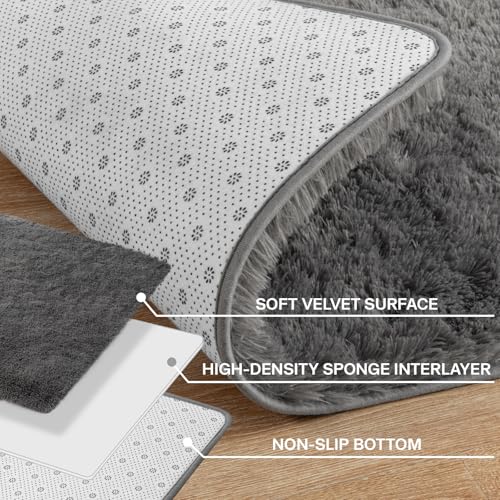 Merelax Fluffy Shaggy Small Area Rug, Deep Grey 2x4 Runner Rugs for Bedside Christmas Decor, Mini Fuzzy Plush Gray Throw Rug, Soft Non-Slip Entryway Shag Catpet for Livingroom Holiday Home Aesthetic - color: Charcoal, size: 2' x 4' (Rectangular)