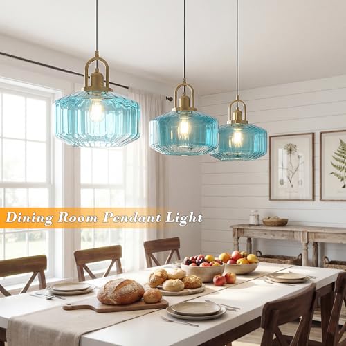 11.8in Mid Century Modern Pendant Light, Gold Large Blue Glass | Vintage Lighting Fixture Ceiling Hanging Lamp for Kitchen Island Foyer Dining Room Bedroom Entryway Hallway Over Sink Table - color: Blue & Gold Hardwire, size: 11.8in