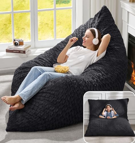 Hobestluk 3 in 1 Bean Bag Chair Giant Bean Bag Chairs for Adults with Chevron Plush Fur Cover Convertible Bean Bag Floor Cushion with Machine Washable Cover for Living Room (Chevron Plush Black) - color: Coal Black