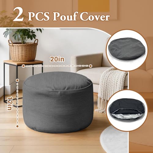 2PCS 20 * 20 * 12inch Unstuffed Ottoman Pouf Cover Unfillable Pouf Cover Foot Rest with Storage Corduroy Round Foot Stool Covers for Living Room Bedroom Home Decor,Grey - color: Grey