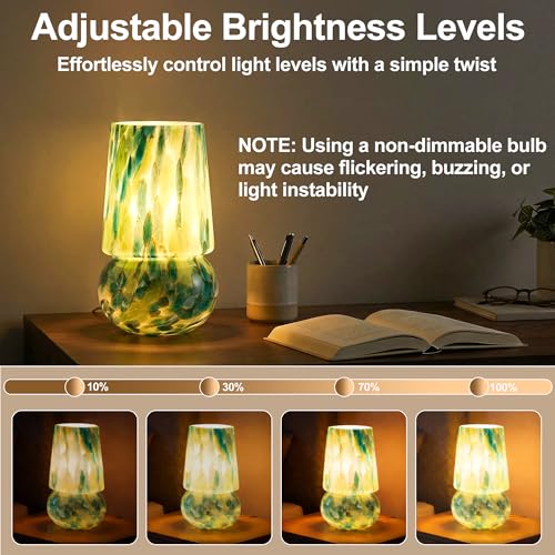 9.8 Inch Mushroom Table Lamp, UL Listed Dimmable Small Desk Bedside Lamp with Woven Beige Cord, Handcrafted Pattern, Murano Home Decor for Bedroom, Living Room, Emerald Teal, No Bulb Included - color: Emerald Teal