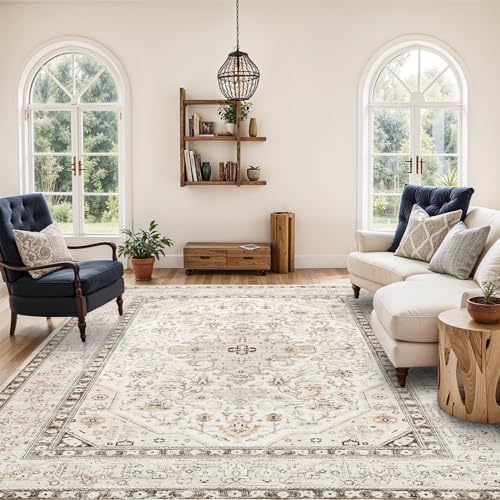 HILORUUG Washable Area Rug 8x10 - Bedroom Living Room Large Indoor Rugs Soft Oriental Vintage Rugs Non-Slip Backing Stain Resistant for Farmhouse Kitchen (8x10 Ivory/Multi) - color: Ivory, size: 8' x 10' (Rectangular)
