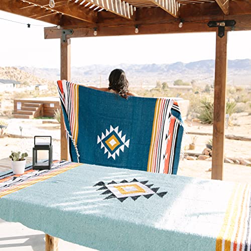 Teal Mexican Blanket by Laguna Beach Textile Co - Beach, Yoga, Camping, or Decorative Throw Blanket - Traditional Handmade Serape - Teal Baja - color: Teal
