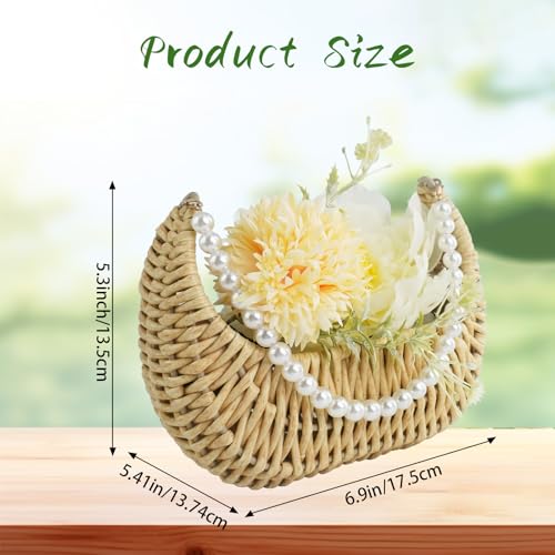 2 Pcs Rattan Flower Girl Basket Light Brown Small Half Moon Wicker Basket with Pearl Handle and Ribbon for Flower Girl Wedding Garden Picnic Home Decor and Storage