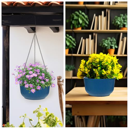 RooTrimmer Hanging Planters 9/10/11 Inch for Indoor Plants, 3 Pack Plant Hanger Outdoor with Drainage Holes, Self Watering Hanging Basket Flower Pot for Garden Home Decor, Dark Blue - color: Dark Blue