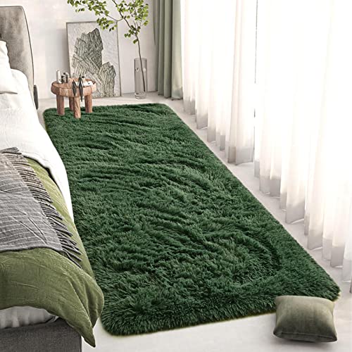 DweIke Fluffy Dark Green Runner Rugs for Bedroom, 2x6 Feet Soft Plush Long Runners for Girls Boys Kids, Non-Slip and Machine Washable Bedside Rug, Small Throw Carpet for Hallway Rooms Decor - color: Dark Green, size: 2 Ft X 6 Ft