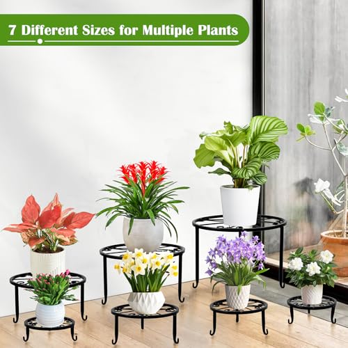 Metal Plant Stands for Outdoor Indoor Plants, 7 Pack Anti-Rust Iron Flower Plant Pot Stands, Floor Plant Holder Heavy Duty Plant Round Shelf for Multiple Plant Patio, Home Garden Decor Racks (Black)