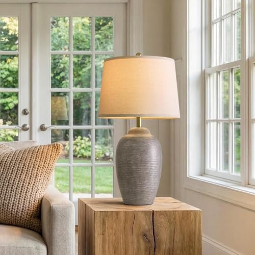 USumkky 29.5" Tall Vintage Ceramic Table Lamp with 5FT Cord - Single Large Rustic Farmhouse Bedside Lamp with Linen Shade & Natural Textured Finish, Nightstand Table Lamp for Bedroom End Table,Grey - color: 29.5" Grey