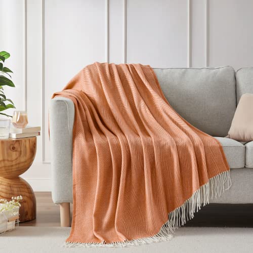 BOURINA Decorative Herringbone Faux Cashmere Fringe Throw Blanket Lightweight Soft Cozy for Bed or Sofa Farmhouse Outdoor Throw Blankets, 50" x 60" Orange - color: Orange, size: 50"x60"