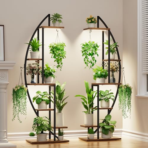 BACEKOLL Plant Stand Indoor with Grow Lights, 6 Tiered Tall Plant Shelf, 63" Metal Plant Stand for Indoor Plants Multiple, Half-Moon Plant Rack Display Shelf, 2 Pcs Plant Holder for Living Room, Patio