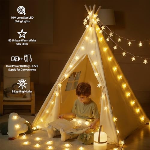 33Ft 80LED Star String Lights Battery and USB Operated, Warm White Star Fairy String Lights,Waterproof for Home Indoor Bedroom Wedding Room Dorm Wall Window Tent LoftBed Patio Party Decor