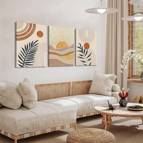 3Pcs Framed Boho Abstract Wall Art Orange Rainbow Sun Desert Minimalist Picture Mid-Century Modern Poster Prints Neutral Botanical Geometric Canvas Painting Wall Decor for Living Room16L x 12W - color: Wrapped Canvas, size: 16L" x 12W"