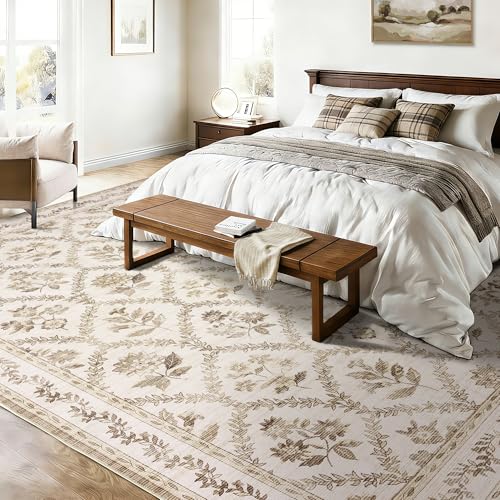 Area Rug Tan 6x9 Boho Floral Washable Area Rug Non Slip Carpet Floor Indoor for Living Room, Machine Washable Floor Covering for Geust Bedroom, Brown Counrty Floral for Dining Room - color: Tan Brown, size: 6' x 9' (Rectangular)
