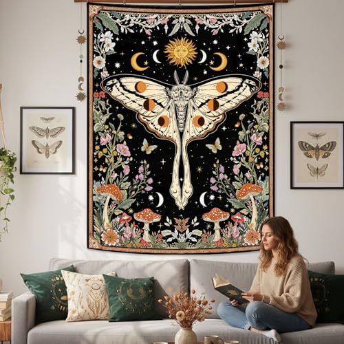 Aipon Boho Moth Tapestry Vintage Floral Flowers Tapestries Aesthetic Retro Mushroom Tapestries for Bedroom Sun and Moon Indie Large Tapestry Wall Hanging for Living Room Dorm 80 x 60 Inch - color: Black Mushroom Moth, size: 80"L x 60"W