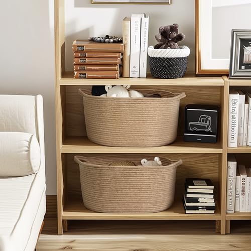 MEGASKET Jute Wicker Storage Basket with Handles, 17"x12"x8" Decorative Woven Baskets for Organizing Dog Toy, Gifts, Book, Towel, Cloth, Boho Storage Bin for Shelves, Entryway, Closet, Home Decor - color: Jute