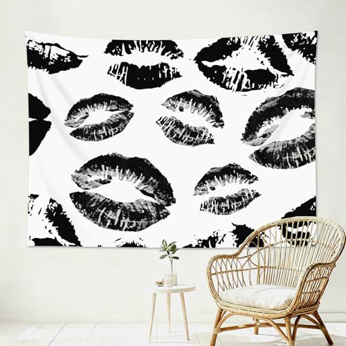 SCECALA Black and White Kiss Lips Tapestry Modern Fashion Makeup Wall Art Tapestry Vintage Fashion Aesthetic Wall Hanging for Girls Bedroom College Dorm Makeup Room Home Decor 60x40 Inch - color: Black, size: 40"L x 60"W
