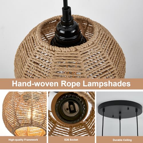 Round 3 Light Boho Pendant Light Rattan Hanging Lamp Hand Woven Wicker Small Chandelier Hanging Lights Fixture for Bedroom Kitchen Hallway Foyer - size: Round 3 Lights