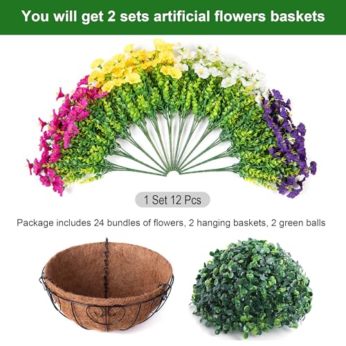 2 Set Artificial Fake Hanging Flowers Plants Baskets for Outdoors Spring Outside Decor , UV Resistant 24 Pcs Faux Silk Morning Glory with 2 Outdoor Hanging Planters Look Real for Porch Patio Balcony - color: 4 Multi