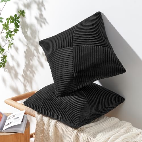 Topfinel Set of 2 Decorative Black Throw Pillow Covers 16x16 Inch for Couch Sofa Bed, Rustic Farmhouse Boho Home Decor, Soft Corduroy Windmill Textured Striped Patchwork Cushion Cases - color: Black, size: 16" x 16" (Pack of 2)