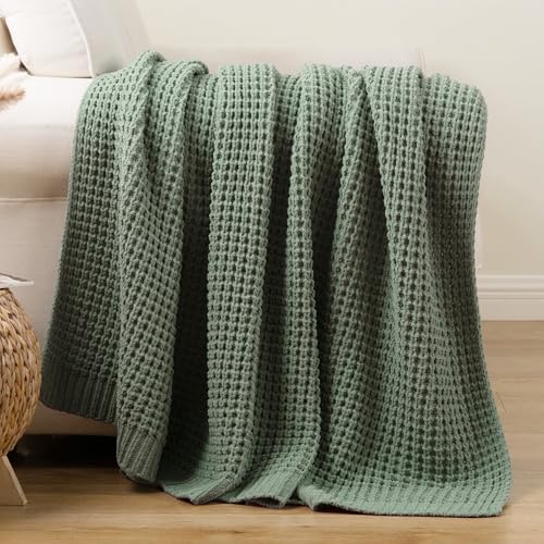 Bunnikins & Clover Knitted Waffle Throw Blanket 50x60 Inches, Sage Green Throw Blanket for Couch, Soft Cozy Chenille Knit Blanket Warm Decorative Throw for Sofa - color: Sage, size: 50"x60"