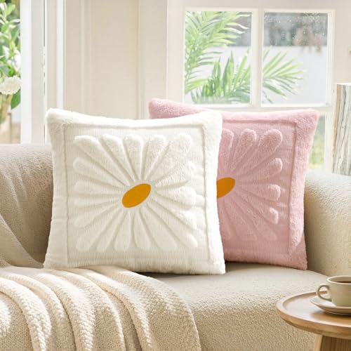 EMEMA Set of 2 Spring Summer Sunflower Floral Pillow Covers, Plush Faux Fur Decorative 18x18 Cushion Cases Adding a Soft, Bright Seasonal Accent to Sofa Couch Bed Modern Farmhouse Living Room, Pink - color: Light Pink, size: 18" x 18" (Pack of 2)