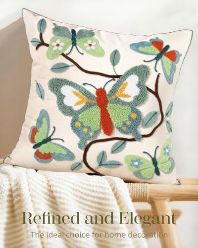 Embroidered Throw Pillow Cover 18x18 Inch - Spring Summer Boho Decorative Pillow Cover with Zipper for Living Room Couch Sofa Bed Aesthetic Design Branch Butterfly Cushion Pillowcase - color: Branch-butterfly, size: 18" x 18" (Pack of 1)