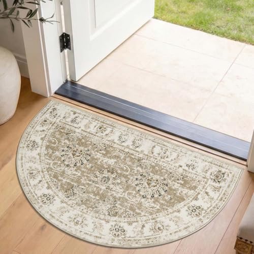 jinchan Fiora Washable Small Area Rug, 2x3 Half Circle Floral Entryway Rug, Low Pile Half Moon Doormat Soft Non Slip Dirt Trapping Carpet for High Traffic Kitchen Bathroom Vanity, Distressed Taupe - color: Distressed Taupe, size: 1'9" x 3' (Semicircular)