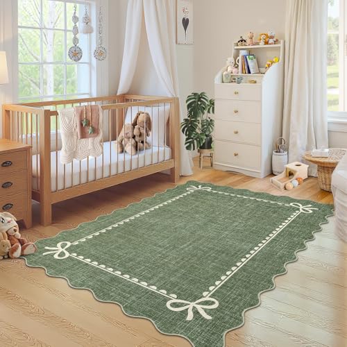 GarveeHome Scalloped Bow Rug for Living Room, Solid Green Rug for Dorm, Washable Rugs 3x5 Soft Low Pile Non Slip Scalloped Rugs for Nursery College Bedroom Decor Kids Room Playroom - color: Green, size: 3' x 5' (Rectangular)