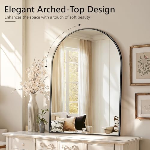 Arched Bathroom Mirror for Wall, 40" x 28" Black Metal Frame Vanity Mirror, HD Glass Over Sink for Bathroom, Entryway, Bedroom - color: Matte Black, size: 40"L x 28"W