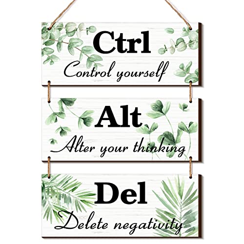 Qunclay 3 Pcs Office Wall Decor Green Leaves Wood Rustic Hanging Cubicle Decor Summer Inspirational Ctrl Alt Del Sign Decoration for Bathroom Indoor Home Living Room - color: Green, style: Leaves