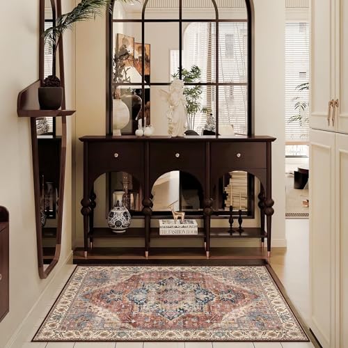 Deerly Area Rug 3x5 Small Entryway Rug Boho Thin Area Rugs for Living Room Non-Slip Lightweight Washable Rug for Kitchen Entryway Bedroom Dining Room Office, Brickred/Multi - color: Brickred & Multi, size: 3' x 5' (Rectangular)