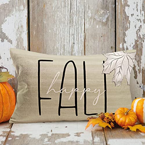 Happy Fall Maple Leaf Throw Pillow Covers 12x20 Inch Autumn Leaves Farmhouse Decorations Pillow Cases Seasonal Greetings Cotton Linen Cushion Cover for Thanksgiving Day - color: Happy Fall Leaves