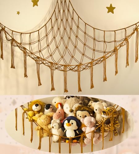 mirolam Stuffed Animal Hammock-Large Stuffed Animal Net For Toys Corner-Hanging Stuff Animal Toy Storage Organizer For Plush Plushie Display Caramel Toy Storage Girl Room Bedroom Boho Nursery Decor - color: Caramel, size: Standard(41.5"L x 55.2"W x 41.5"H