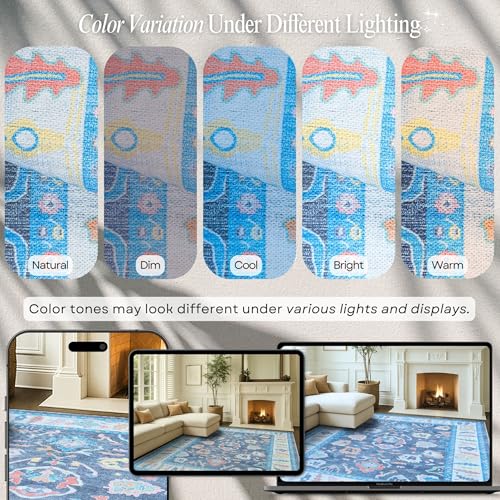 Fame Rugs Blue Modern Oushak Rug 2'6"x7', Washable Vintage Turkish Colorful Oriental Antique Inspired Foldable Small Runner Rugs, Luxury Living Room Bedroom (387BNB, 2'6" x 7') - color: 387bnb, size: 2'6" x 7' (Runner)
