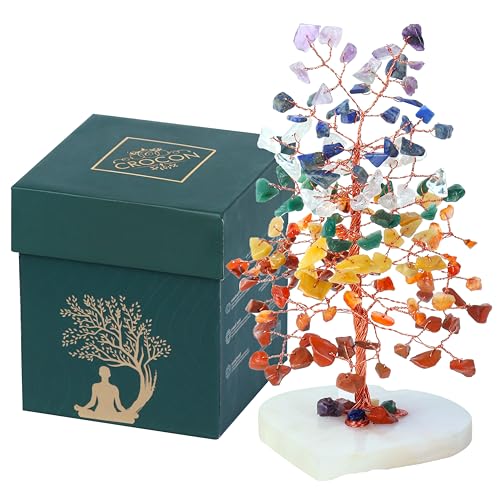 Crocon® 7 Chakra Quartz Heart Base Crystals Tree, Birthday Gifts for Women, Men & Friends, Tree of Life Crystals and Healing Stones, Home Decor, Women Gift Ideas, House Warming Gifts New Home for Mom - color: 001w Seven Chakra ( Quartz Base )