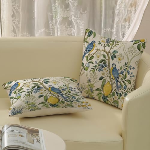 Chinoiserie Pillow Covers 16x16 Inch 2 Pcs Vintage Blue Green Floral Bird Decor Throw Pillows Boho Yellow Lemon Flower Spring Summer Outdoor Decoration Pillowcase Linen Cushion Cover for Couch - color: Chinoiserie Lemon Floral Bird, size: 16" x 16" (Pack