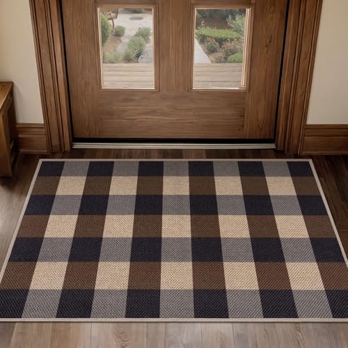Tangsoo Checkered Easy Jute Rug, 2x3 Washable Ultra Thin Rug for Entryway Non-Slip Black Brown Outdoor Rug,Modern Front Door Mat Carpet for Kitchen Bedroom Porch Doorway - color: Brown Checkered, size: 2x3ft