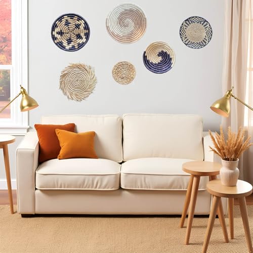 Laquedecraft Boho Round Handmade Wall Basket Decor | Woven Seagrass Rattan Wicker Wall Decor Hanging Rustic Flat Elegant Wall Art for Farmhouse Living Rooms Bedrooms Display Table Settings Kitchen Home (Bohemian, 6) - size: Set of 6, style: Bohemian